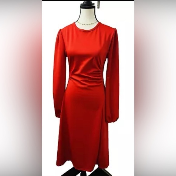 Women's Front Drape Slant Sheath Dress Pull On Long Sleeve Round Neck Maxi Red M